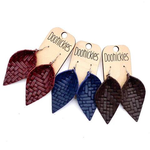 2.5" Basket Weave Leather Petal Earrings - Navy