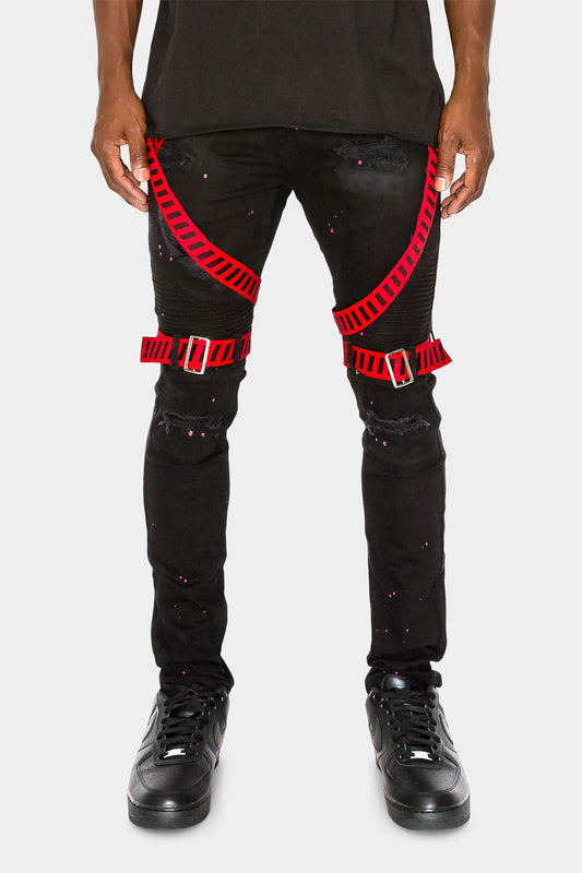 Adjustable Strap Harness Distressed Biker Jeans