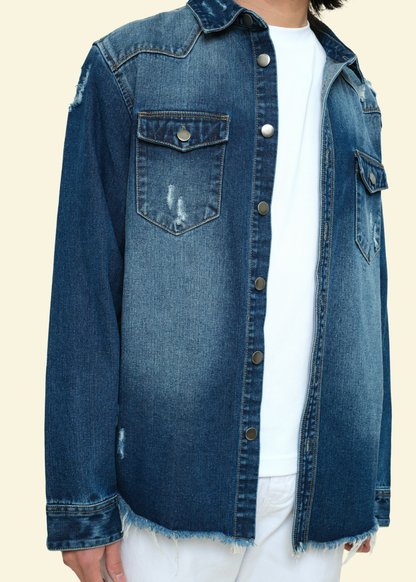 Distressed Denim Button Up Shirt Jacket