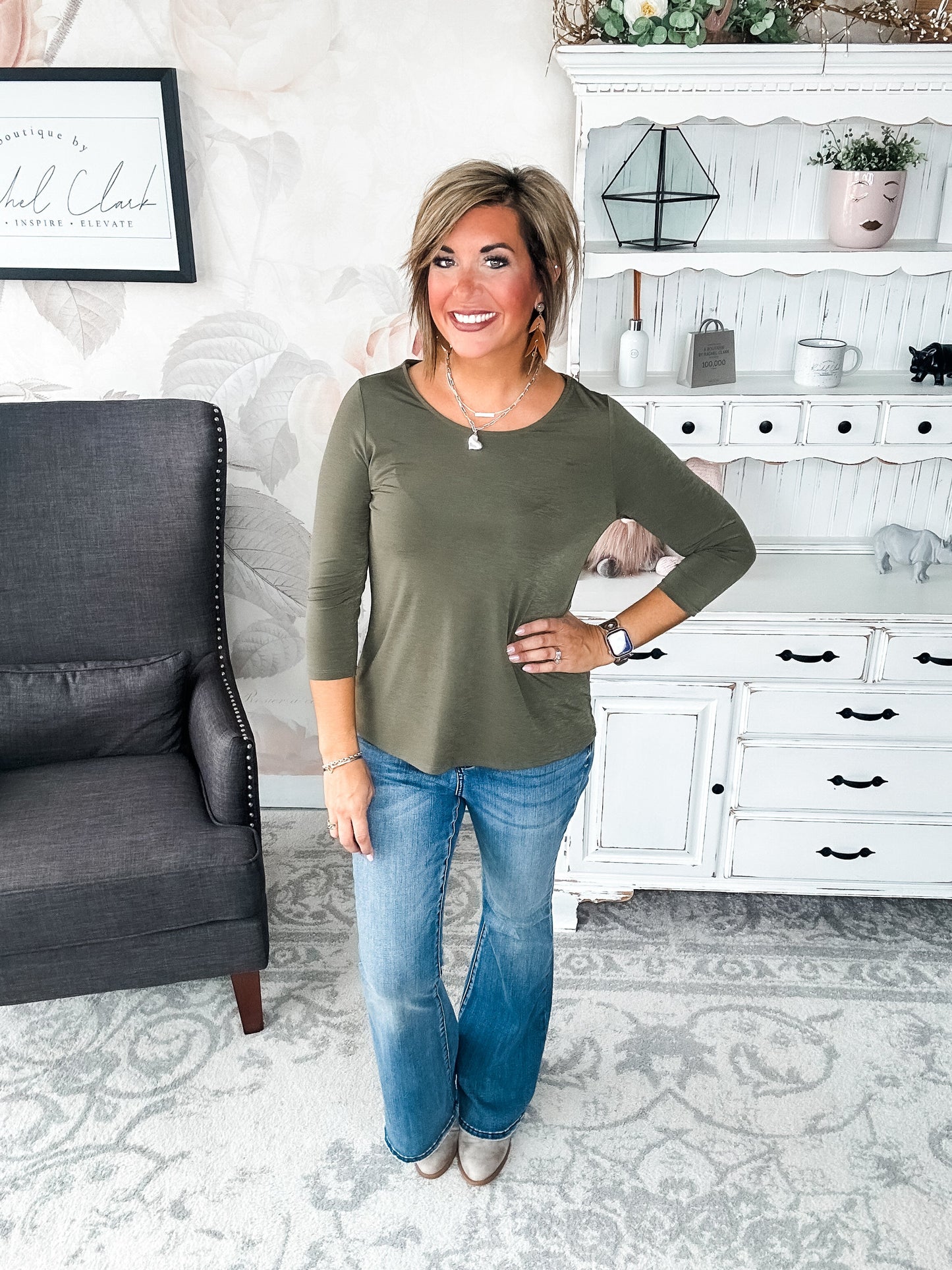 Find The Answer Round Neck Top - Olive