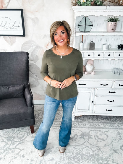 Find The Answer Round Neck Top - Olive