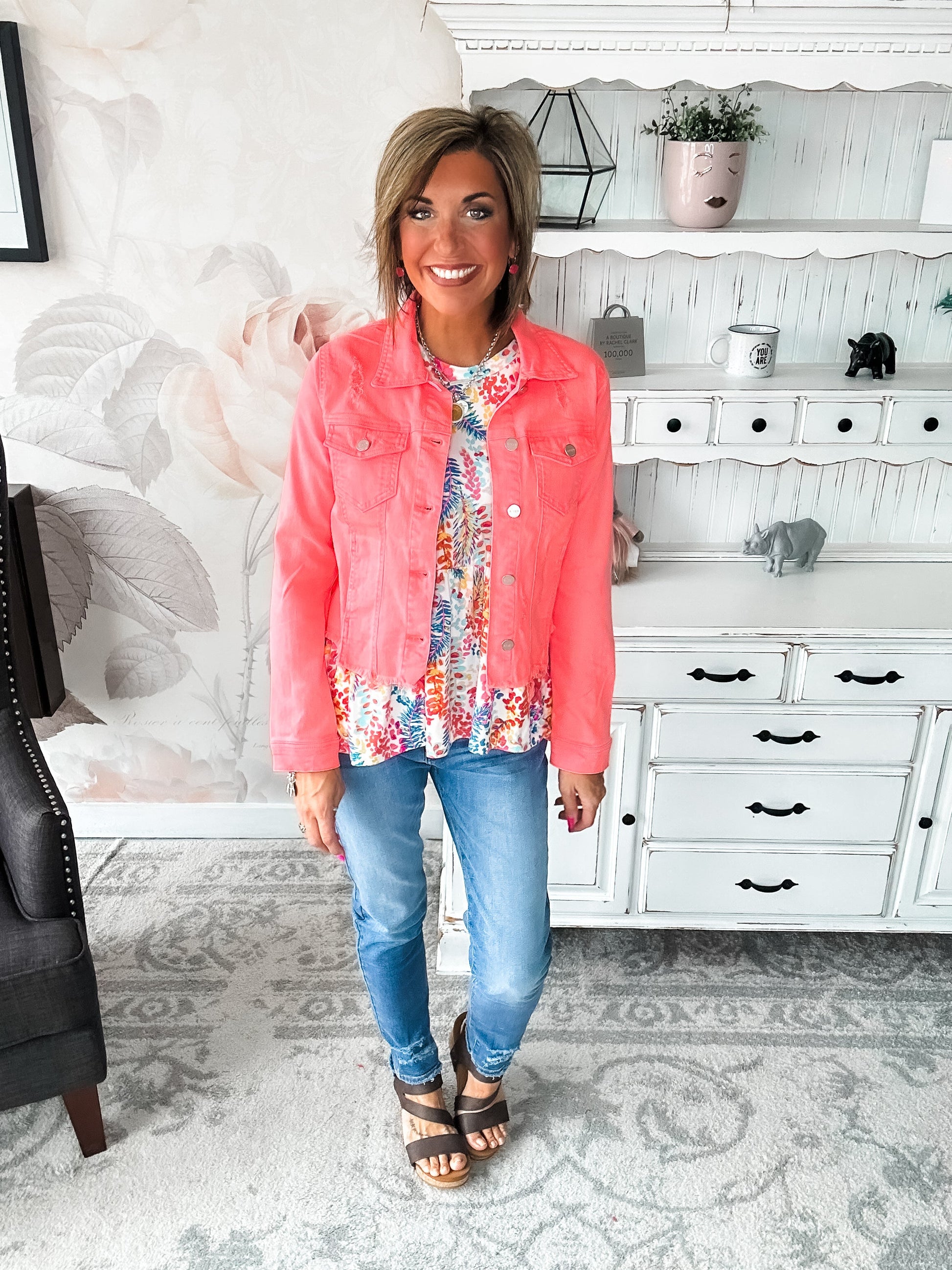 Make Me Happy Fray Hem Color Jean Jacket - Coral