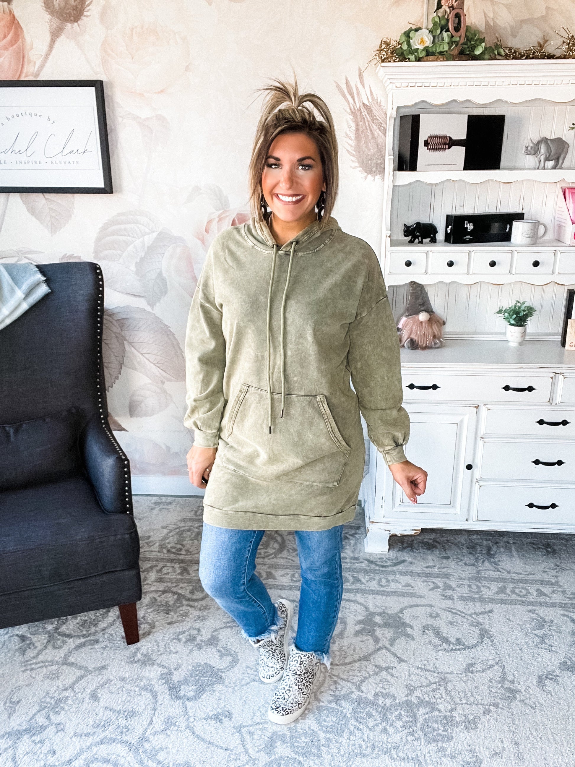 Fight For It Acid Wash Hooded Tunic Dress